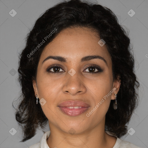 Joyful black young-adult female with medium  brown hair and brown eyes