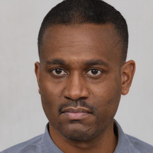 Neutral black young-adult male with short  black hair and brown eyes
