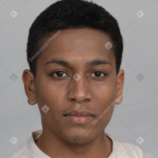 Neutral black young-adult male with short  black hair and brown eyes
