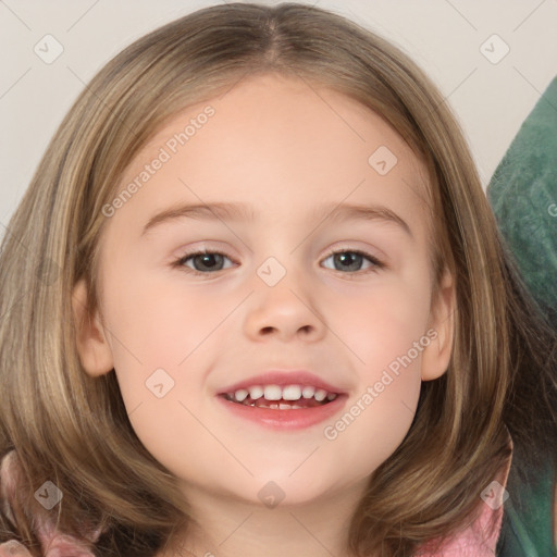 Joyful white child female with medium  brown hair and grey eyes