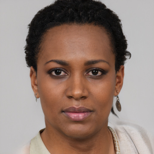 Neutral black young-adult female with short  black hair and brown eyes