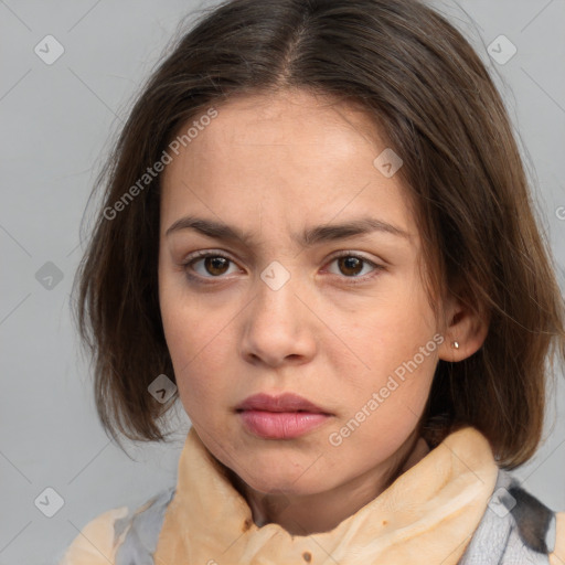 Neutral white young-adult female with medium  brown hair and brown eyes