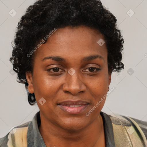 Joyful black adult female with short  brown hair and brown eyes