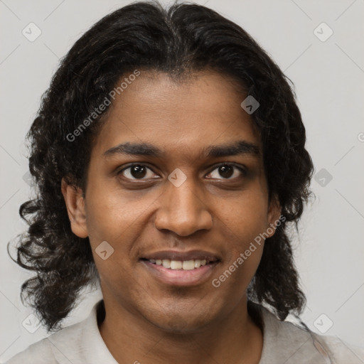 Joyful black young-adult female with medium  brown hair and brown eyes