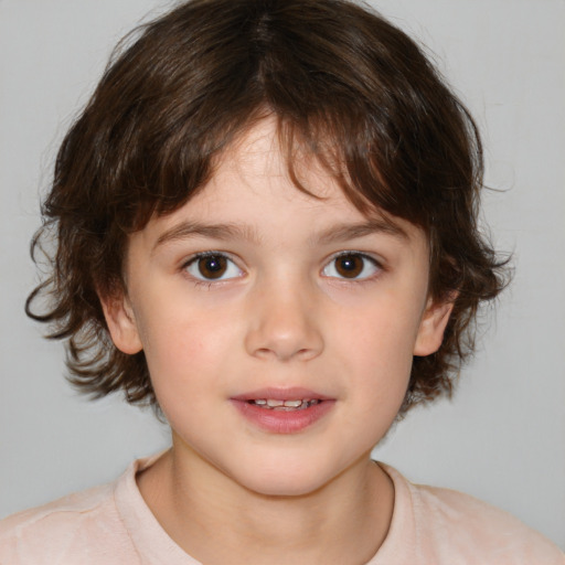 Joyful white child female with medium  brown hair and brown eyes