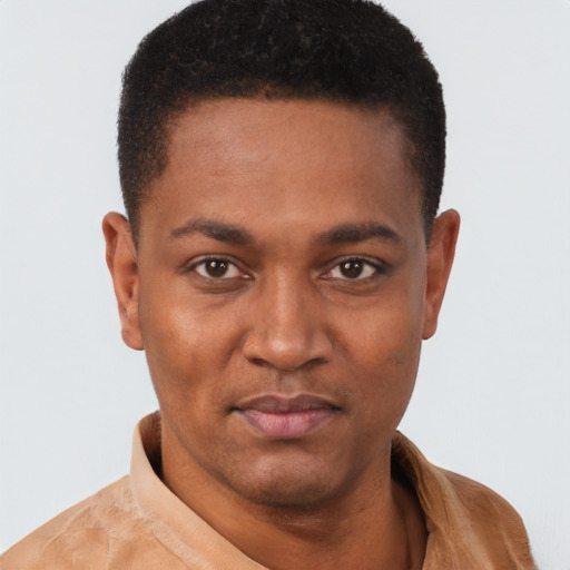 Neutral black young-adult male with short  black hair and brown eyes