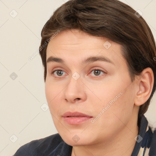 Neutral white young-adult female with medium  brown hair and brown eyes