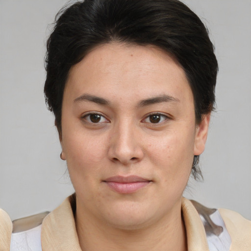 Joyful white young-adult female with medium  brown hair and brown eyes
