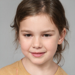 Joyful white child female with medium  brown hair and brown eyes