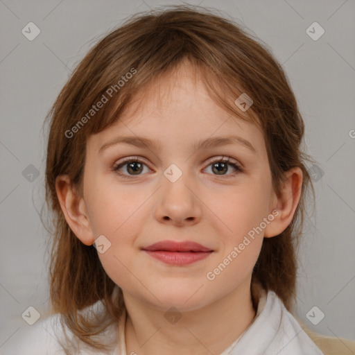 Joyful white child female with medium  brown hair and brown eyes