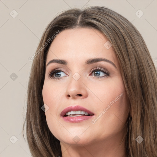 Neutral white young-adult female with long  brown hair and grey eyes