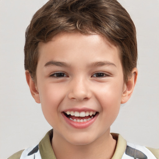 Joyful white child female with short  brown hair and brown eyes