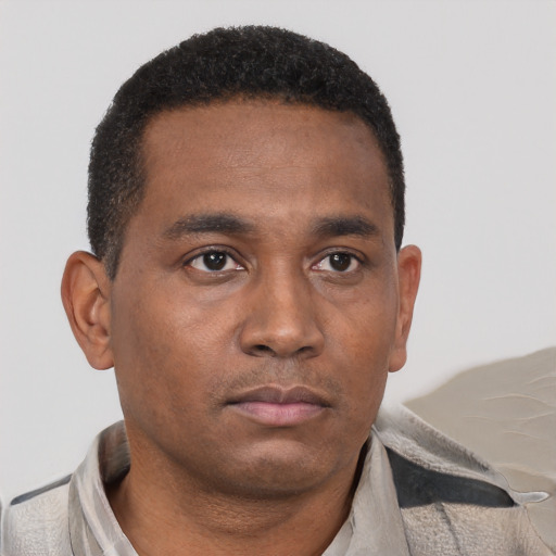 Neutral black young-adult male with short  brown hair and brown eyes