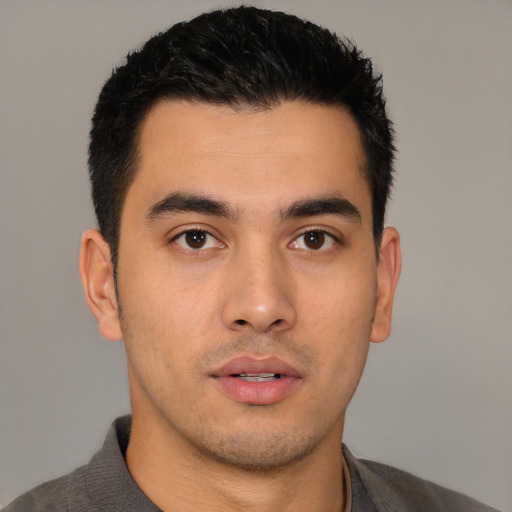 Neutral asian young-adult male with short  black hair and brown eyes