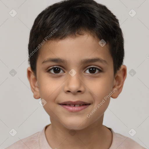 Joyful white child male with short  brown hair and brown eyes