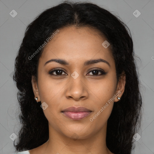 Joyful latino young-adult female with long  brown hair and brown eyes