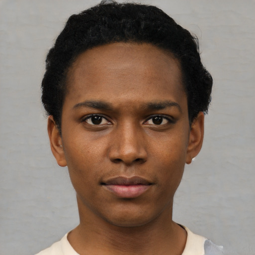 Neutral black young-adult male with short  black hair and brown eyes