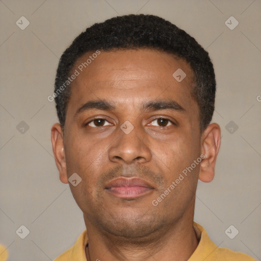 Neutral latino young-adult male with short  black hair and brown eyes