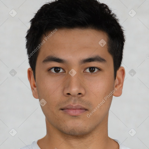 Neutral asian young-adult male with short  black hair and brown eyes