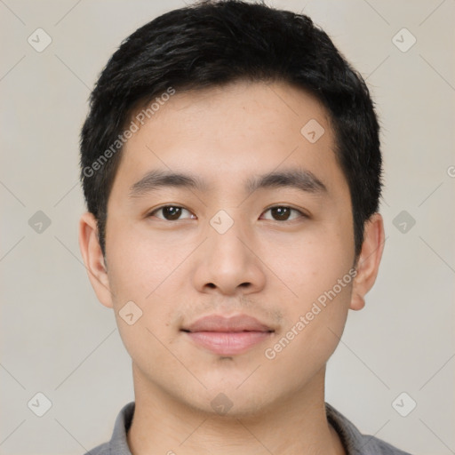 Neutral asian young-adult male with short  black hair and brown eyes