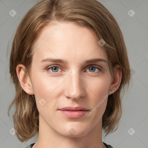 Neutral white young-adult female with medium  brown hair and grey eyes