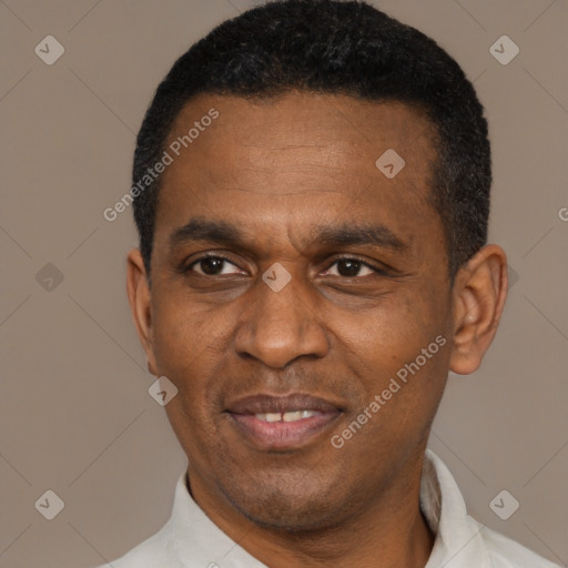 Joyful black adult male with short  black hair and brown eyes