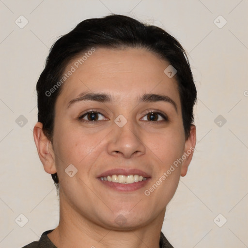 Joyful white young-adult female with short  brown hair and brown eyes