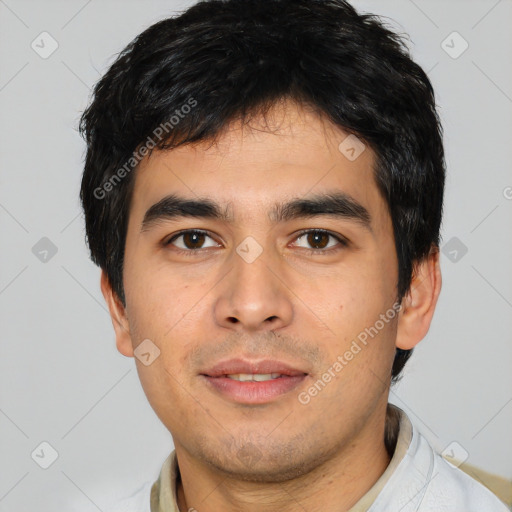 Neutral white young-adult male with short  black hair and brown eyes