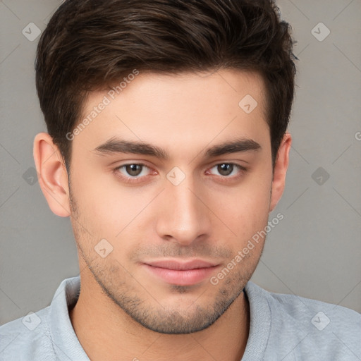 Neutral white young-adult male with short  brown hair and brown eyes