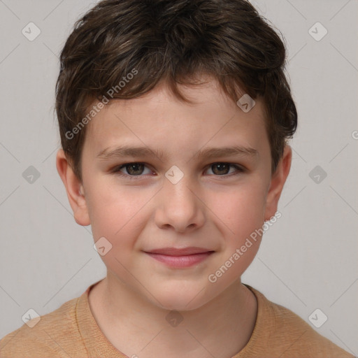 Joyful white child male with short  brown hair and brown eyes