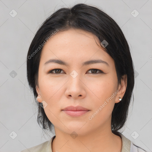 Neutral asian young-adult female with medium  black hair and brown eyes