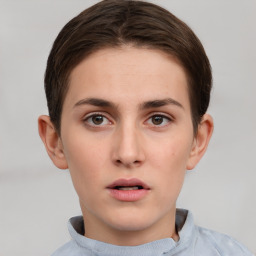 Neutral white young-adult female with short  brown hair and brown eyes