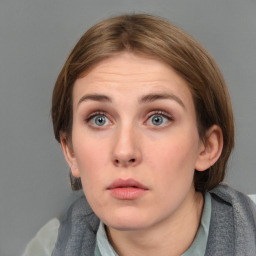 Neutral white young-adult female with medium  brown hair and grey eyes