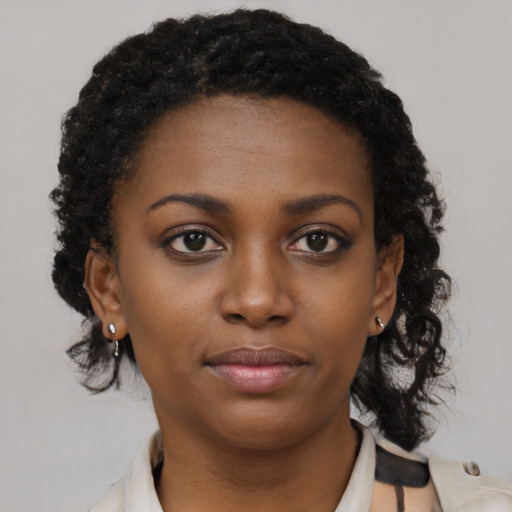 Neutral black young-adult female with short  black hair and brown eyes