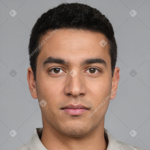 Neutral latino young-adult male with short  black hair and brown eyes