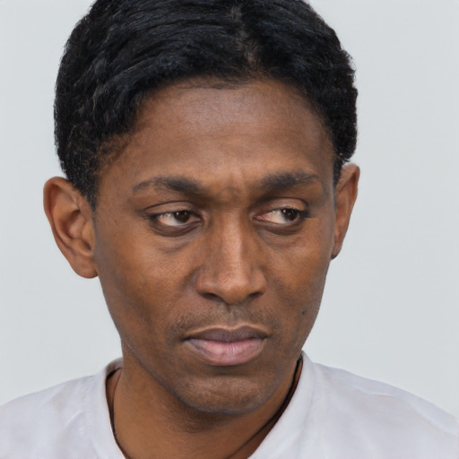 Neutral black adult male with short  black hair and brown eyes
