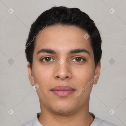 Neutral latino young-adult male with short  black hair and brown eyes