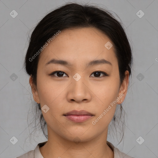 Neutral asian young-adult female with medium  brown hair and brown eyes