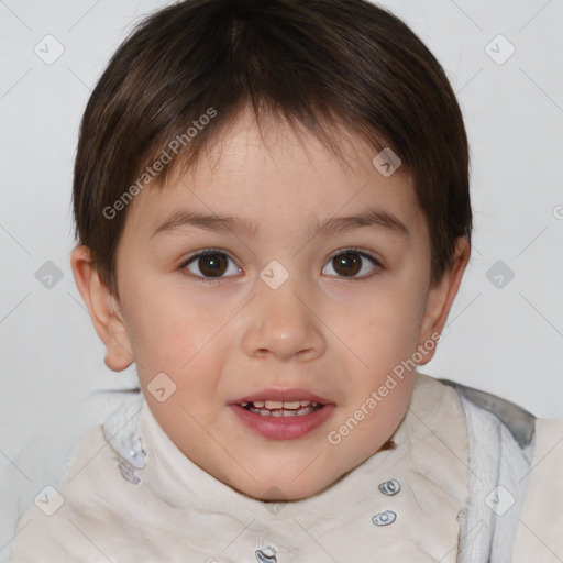 Joyful white child female with short  brown hair and brown eyes