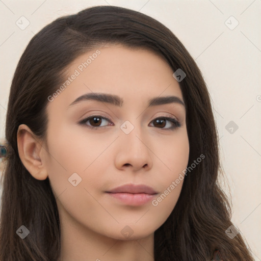 Neutral white young-adult female with long  brown hair and brown eyes