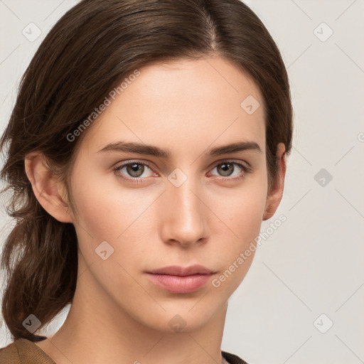 Neutral white young-adult female with medium  brown hair and grey eyes