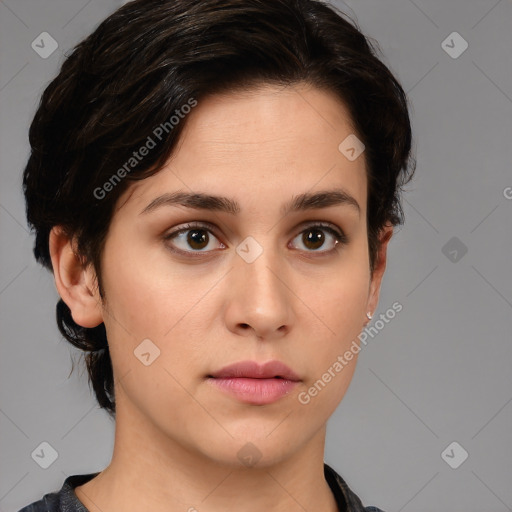 Neutral white young-adult female with medium  brown hair and brown eyes