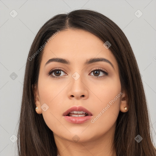 Neutral white young-adult female with long  brown hair and brown eyes