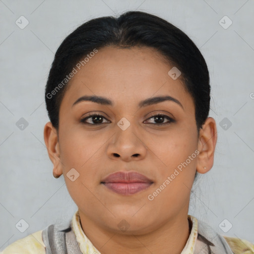 Joyful latino young-adult female with short  brown hair and brown eyes