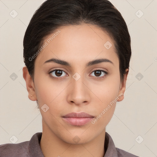 Neutral white young-adult female with short  brown hair and brown eyes