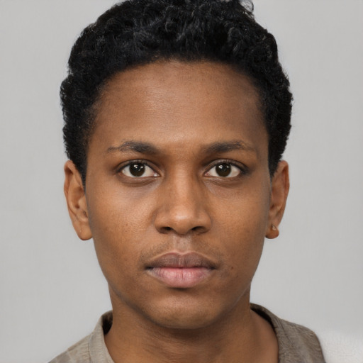Neutral black young-adult male with short  black hair and brown eyes