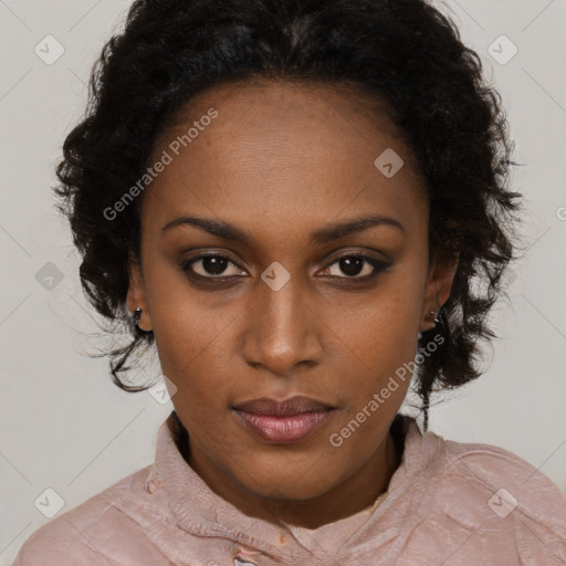 Neutral black young-adult female with medium  brown hair and brown eyes