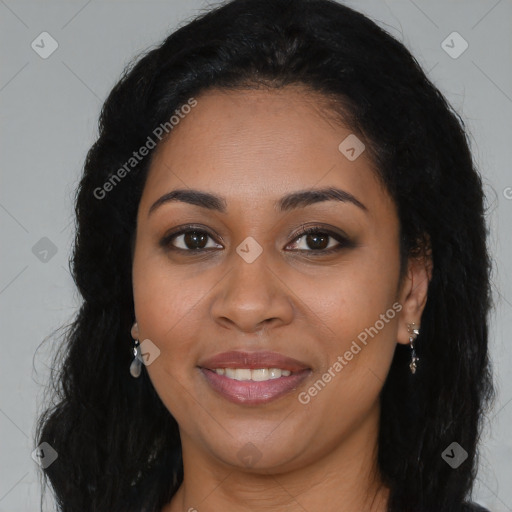 Joyful latino young-adult female with long  brown hair and brown eyes