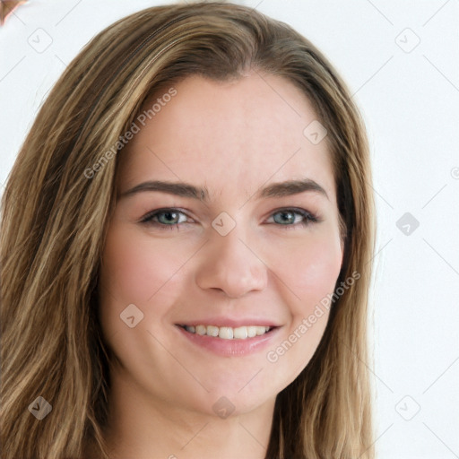 Joyful white young-adult female with long  brown hair and green eyes