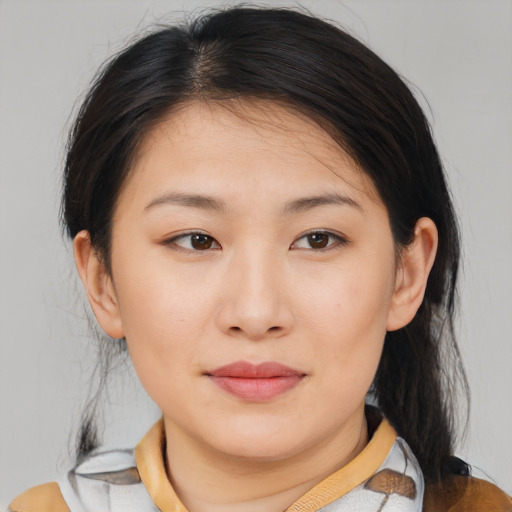Neutral asian young-adult female with medium  brown hair and brown eyes